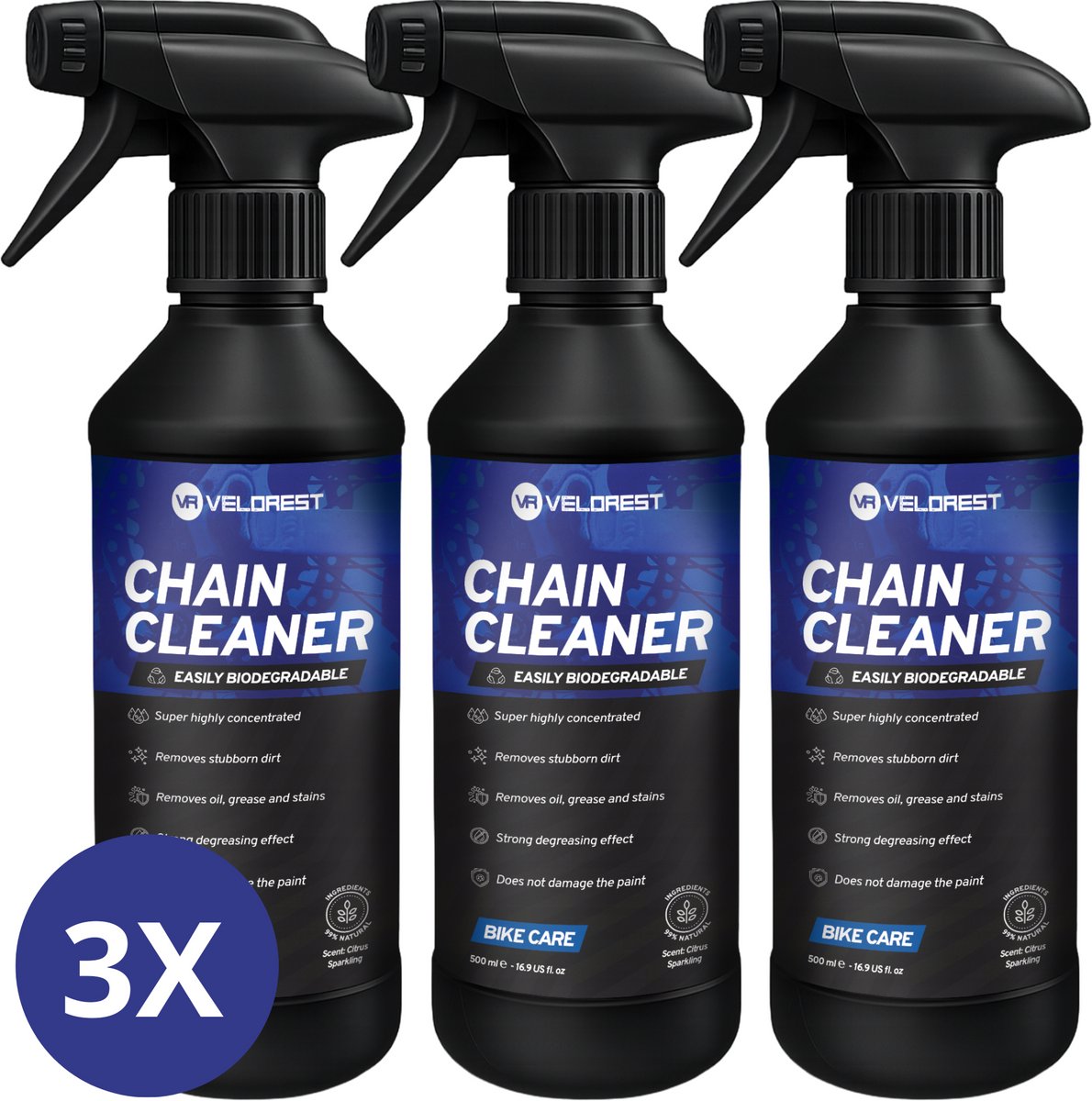 Velorest Ketting Reiniger - 500ml (3-pack) - Fietsketting Reiniger Set - Kettingreiniger Fiets - Chain Cleaner - Kettingreiniger Vloeistof - Ketting Ontvetter - Biologisch Afbreekbaar