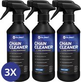 Drie flessen Velorest Chain Cleaner met blauw en wit label, zittend naast elkaar.
