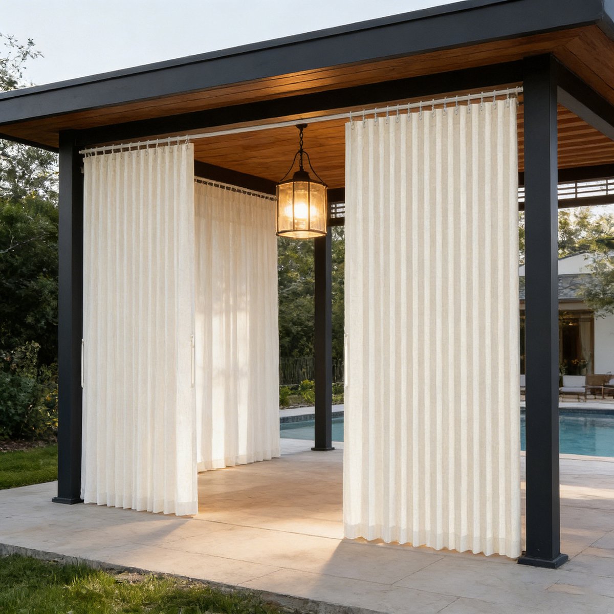 MUPOO Linnenlook Extra Brede Buitengordijn Waterdicht met ringen-230 GSM- Privacy & Verduisterend - Premium Polyester -Vormvaste Plooien - outdoor gordijin voor pergola, overkapping & Terra - Beige-254x244 cm - 1 Stuk