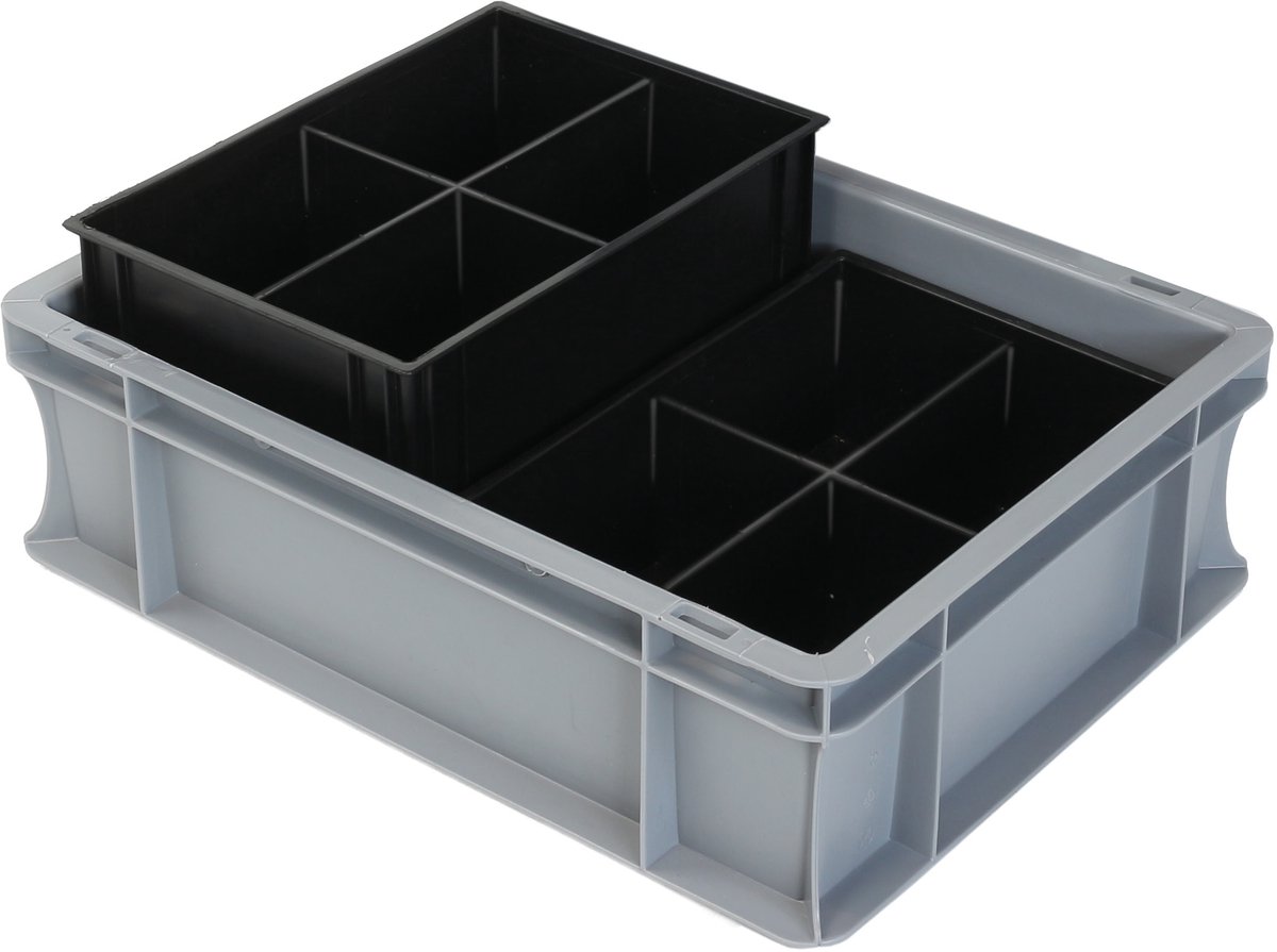 Alpac ProSort - Stapelbak - Opbergbak - 2 uitneembare sorteerbakjes - 8 Vakken - 400 x 300 x 120 mm - Grijs/Zwart