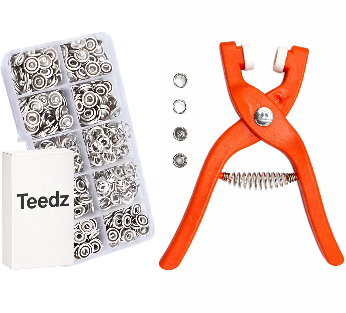 Teedz Drukknopen Tang Set 9,5 mm – knopen - Inclusief 50 Metalen Drukknopen – Handtang voor Veersluitingen – Voor Kleding - Babyrompers en Hobbyprojecten