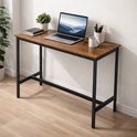 Bartafel met roestbruin houten blad en zwart metalen frame, met een laptop, mok en plant.