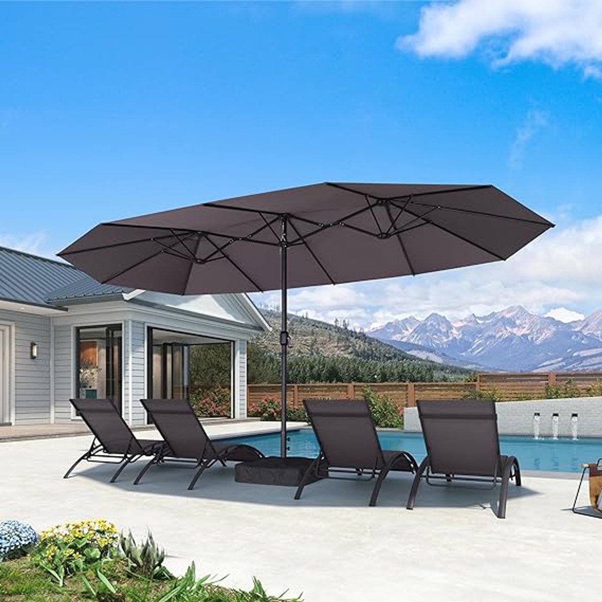Luxe XXL Dubbele Ovale Zweefparasol 455 x 270 cm met Draaihendel, UV-Bescherming, Inclusief Voet en Zandzakken – Extra Grote Tuinparasol voor Terras, Balkon en Horeca – Grijs