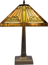 Vierkante Tiffany tafellamp met amberkleurige, groene en crèmekleurige glas-in-lood kap met geometrische patronen. Bronzen voet.