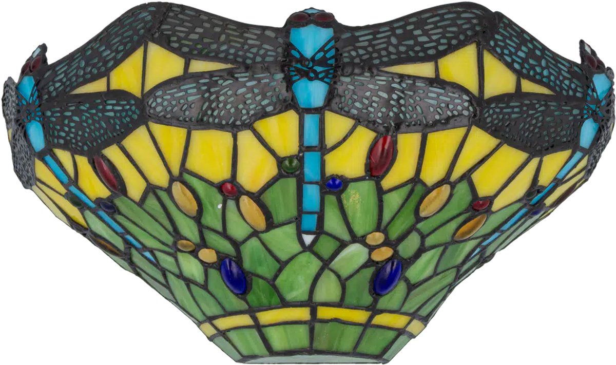 Tiffany wandlamp Libelle - Groen-geel - B 25 cm - Glas in lood - Warm licht - Dragonfly - Muurlamp | RORUVERA