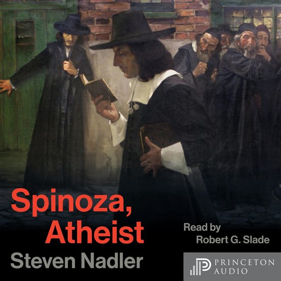 Homme en habit noir et chapeau lit un livre, avec un groupe de personnes derrière. "Spinoza, Athée" par Steven Nadler.