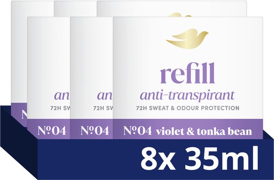 DOVE Anti-Transpirant Deodorant Navulling - No. 4 Violet & Tonka Bean - beschermt tot 72 uur tegen zweet en lichaamsgeur - 8 x 35 ml