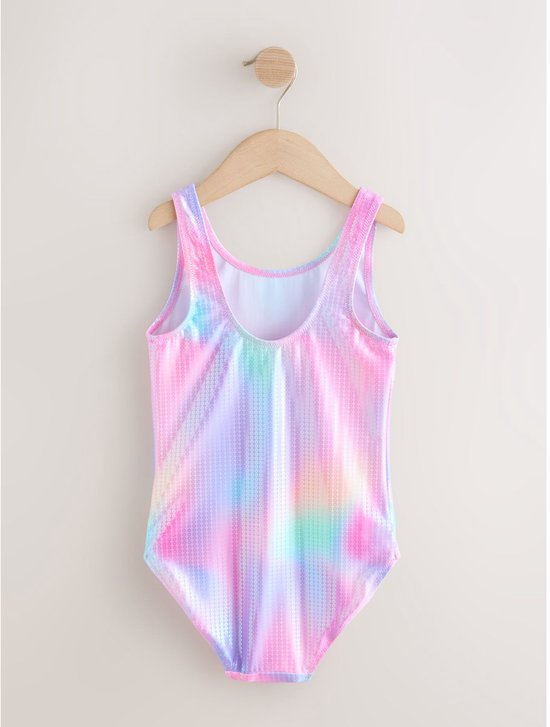 Badpak met veelkleurige tie-dye print en glinsterende pailletten.
