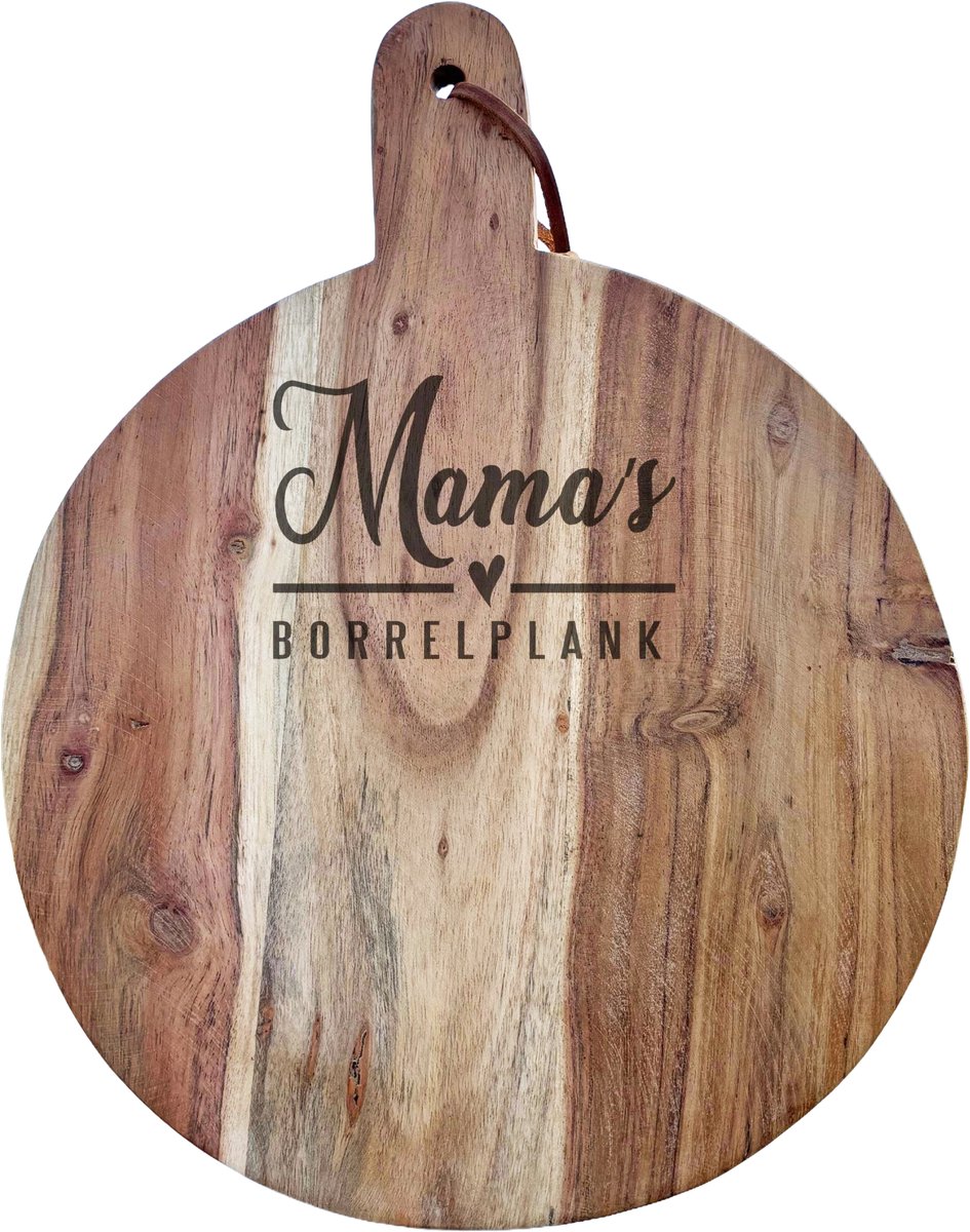 Ronde borrelplank/snijplank met tekst gravuren MAMA'S BORRELPLANK. 30cm doorsneden