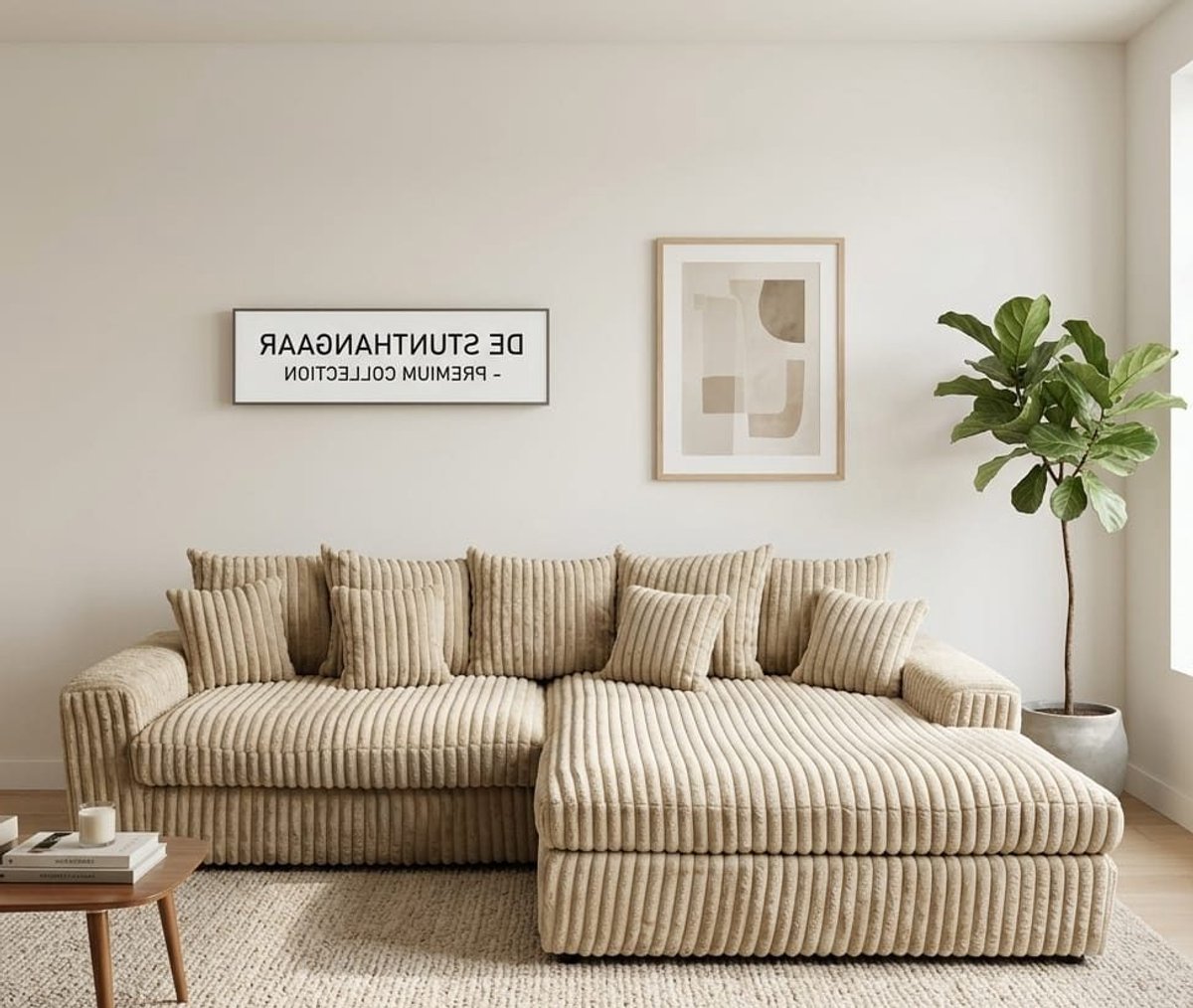 Hoekbank Jmb- Beige- ultra dikke ribstof- Lounge Rechts- hoeksalon beige rechts