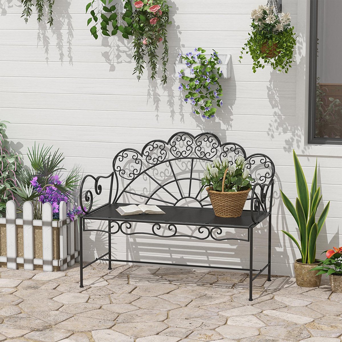 Pugsdrly 2-zits tuinbank, robuust, roestvrij parkbankje, tuinmeubel voor terras, tuin en algemene buitenruimte, 107 cm x 55,5 cm x 90,5 cm, zwart