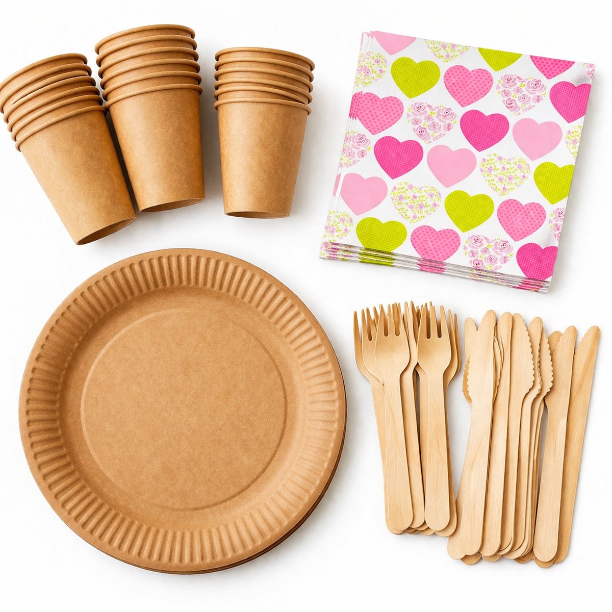 Wegwerp servies set voor 20 personen – 20 kartonnen borden 23 cm, 20 bekers 240 ml, 20 houten vorken, 20 houten messen en 20 servetten 33x33 cm "Sweetheart" Feest/verjaardag/BBQ/Picknick bordjes - set bio/eco/ - Duurzaam - Milieuvriendelijk