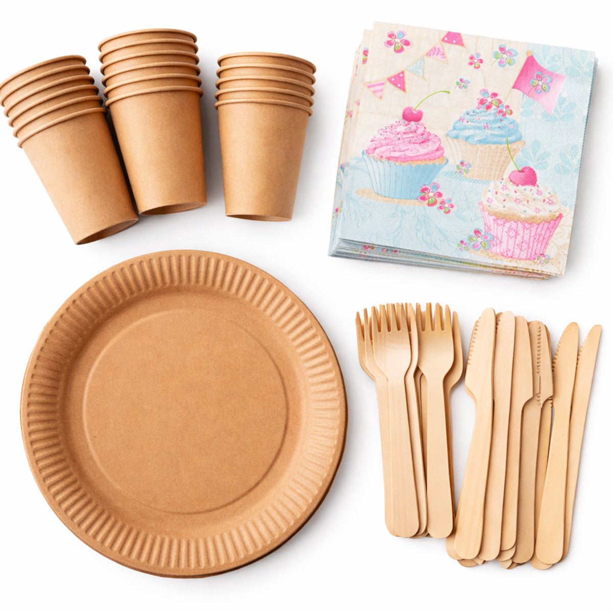 Wegwerp servies set voor 20 personen – 20 kartonnen borden 23 cm, 20 bekers 240 ml, 20 houten vorken, 20 houten messen en 20 servetten 33x33 cm "Birthday cupcakes" Feest/verjaardag/BBQ/Picknick bordjes - set bio/eco/ - Duurzaam - Milieuvriendelijk