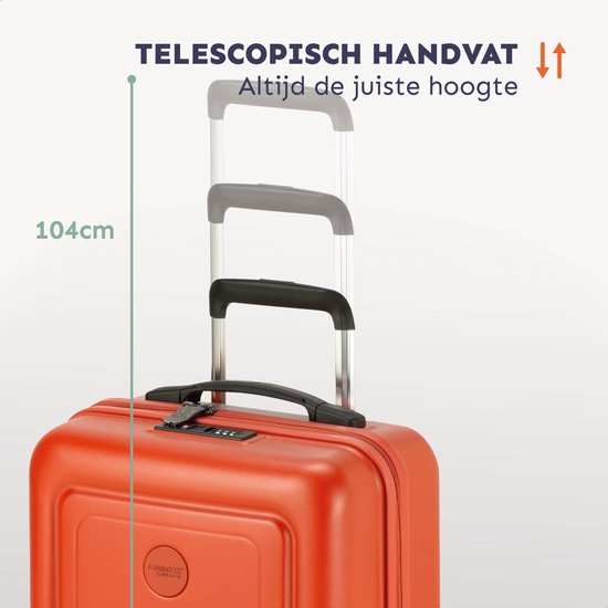 Close-up van de oranje koffer met uitschuifbaar handvat op drie hoogtes, 104cm.