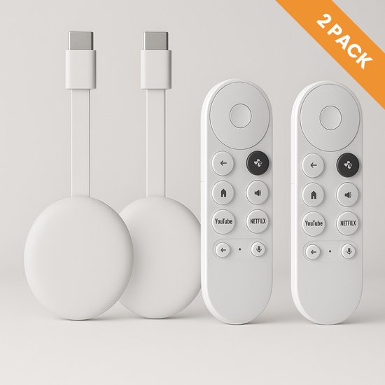 Deux dongles de streaming blancs avec câbles HDMI et deux télécommandes blanches avec des boutons pour YouTube et Netflix.