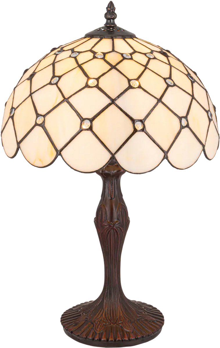 Tiffany tafellamp ruitpatroon - Crème - Ø 30 cm - Glas in lood - Warm licht - Glasjuweeltjes | RORUVERA