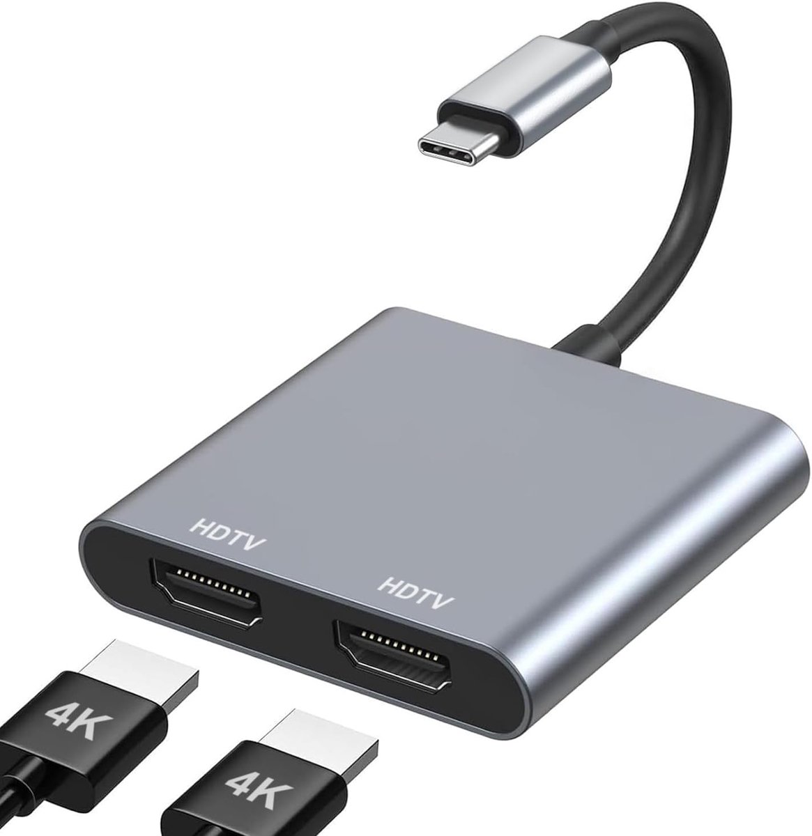USB-C naar dubbele HDMI-adapter 4K – Type-C naar HDMI-splitter voor twee beeldschermen – Geschikt voor MacBook Air/Pro, Dell XPS, HP, Surface, Chromebook – 2-in-1