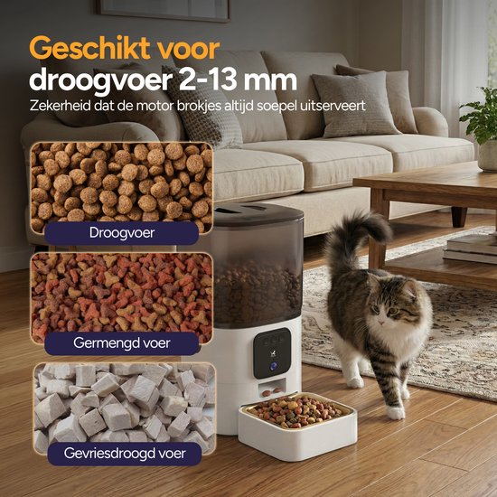Twee afbeeldingen van kattenvoer: droogvoer, gemengd voer en gevriesdroogd voer. Een cyperse kat staat bij de voerautomaat.