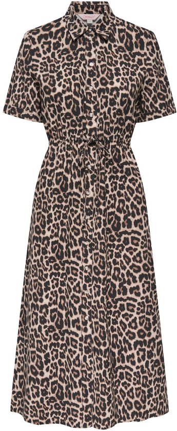 Midi-jurk met luipaardprint, korte mouwen en een ceintuur in de taille.