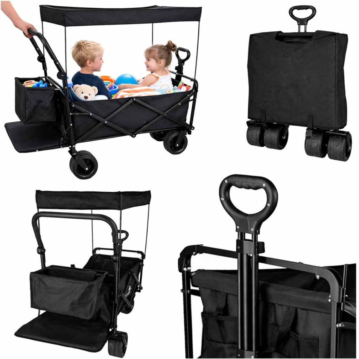MOZY® - Bolderkar met Luifel - Zwart - Brede Wielen - 130 x 60 cm - tot 120 kg - Verstelbare Hendel - Opvouwbaar - Bolderwagen - Duwkar