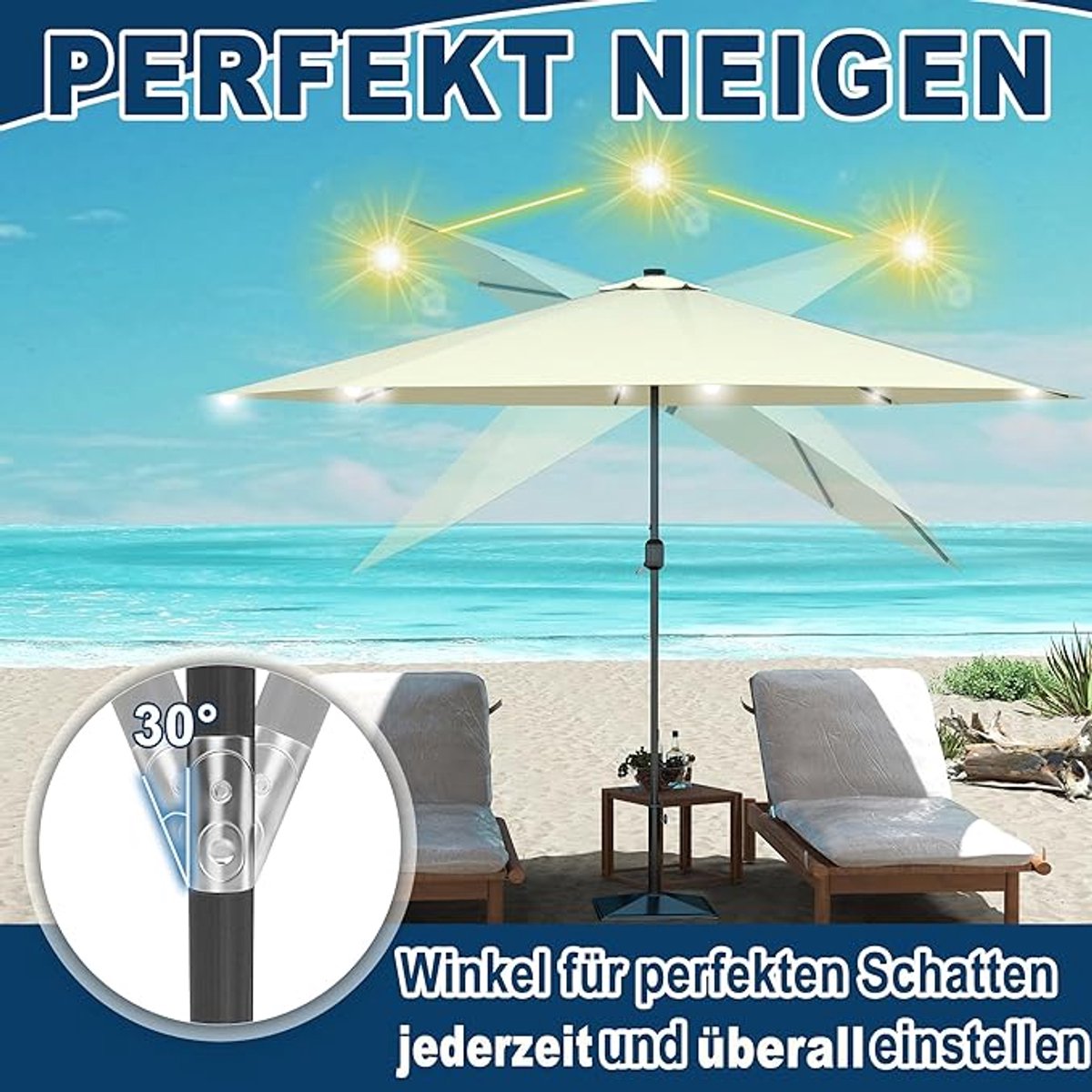 Zweefparasol met LED Depauwonen Ø350 cm – Luxe Hangparasol met Zwengel, Kantelbaar en UV-bescherming – Parasol voor Tuin, Terras, Balkon, Strand & Camping – Aluminium Frame, Beige – Afmetingen op a...