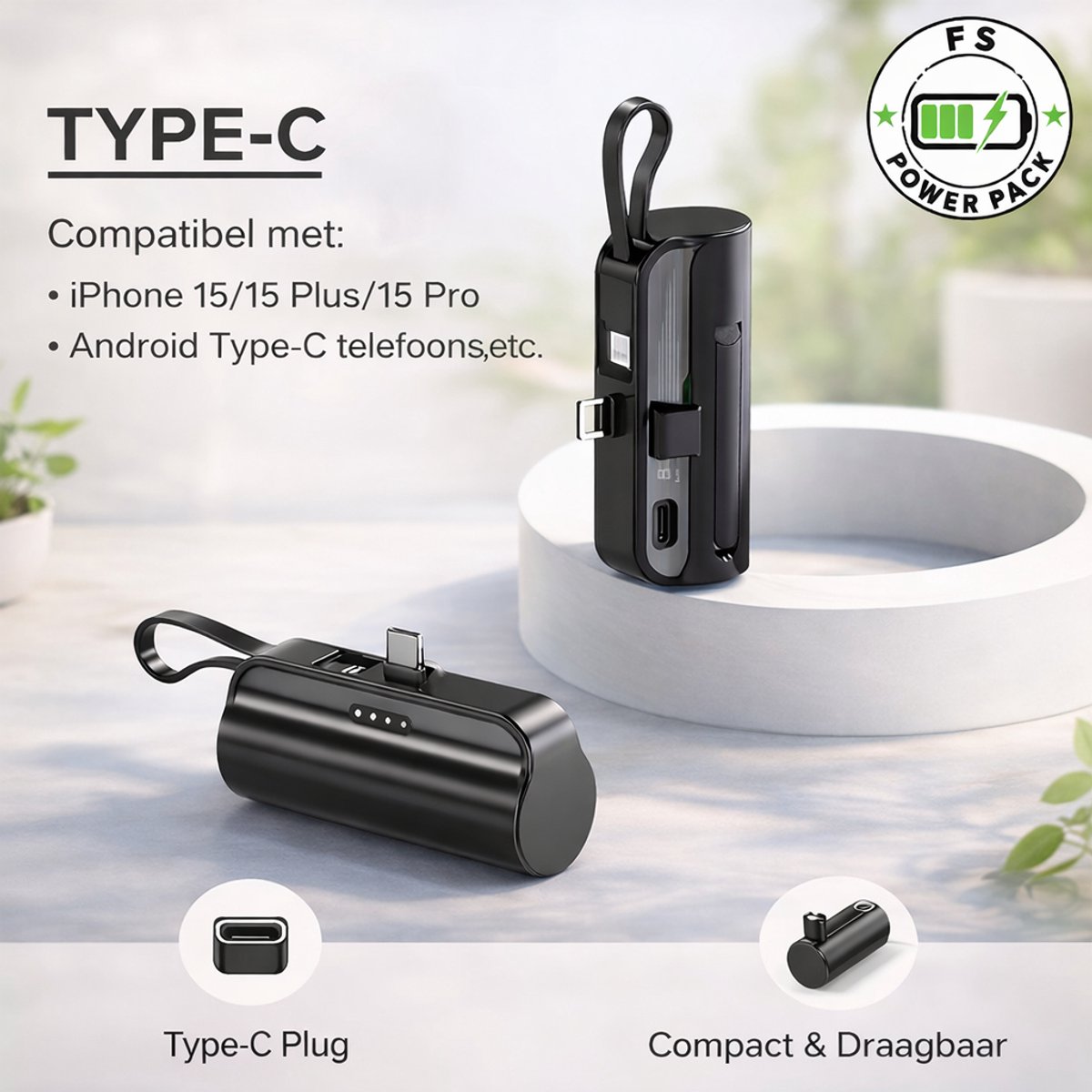 Universeel Draagbare Mini Power Bank FS Power Pack Mini Power Bank 5000mAh – Sleutelhanger Powerbank – Ultra Compact – Snelladen 2.1A – Type-C In/Output – Pocket Noodoplader voor Smartphone – Reizen & Onderweg-iPhone/Samsung Cadeau Nieuwjaar — cadeau in Elektronica - foto 2