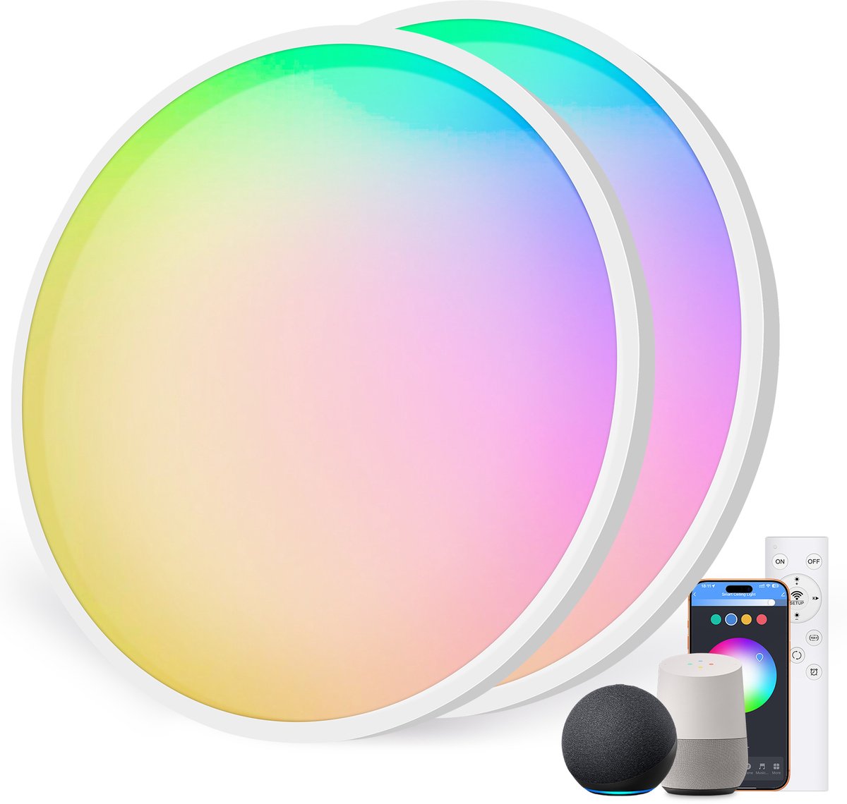Oraymin 2 Stuks LED Plafondlamp Smart 24W Ø30cm – Werkt met Alexa – RGB Kleuren – Dimbaar – Afstandsbediening