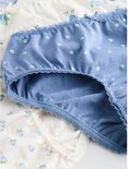 Close-up van de tailleband van een blauwe en een witte onderbroek met bloemenprint.