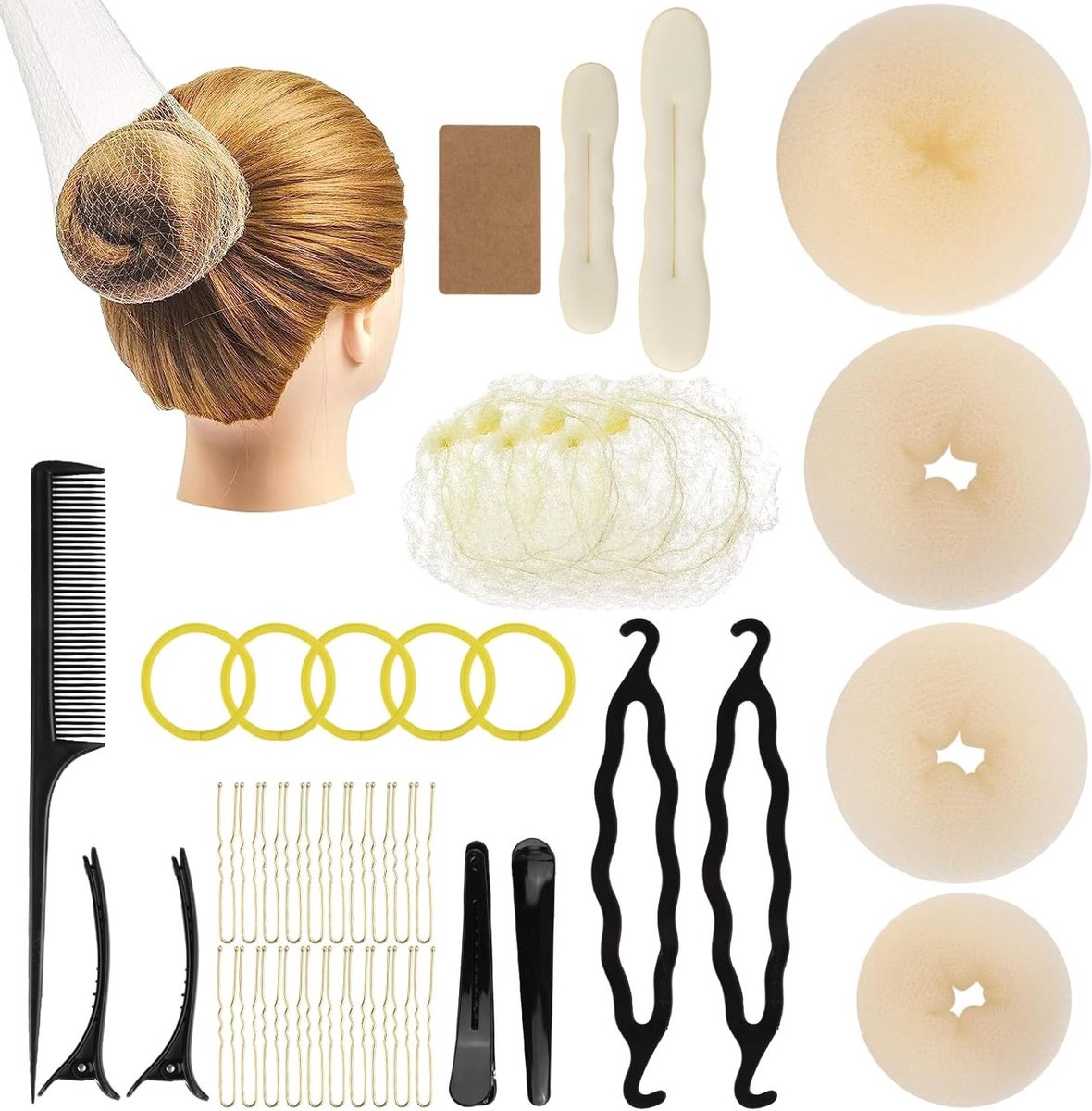 Complete Haarstylingset met 39 Stuks: Donut Haarbun Maker, Elastische Haargel, U-vormige Haarspeld en Haaraccessoires voor Vrouwen