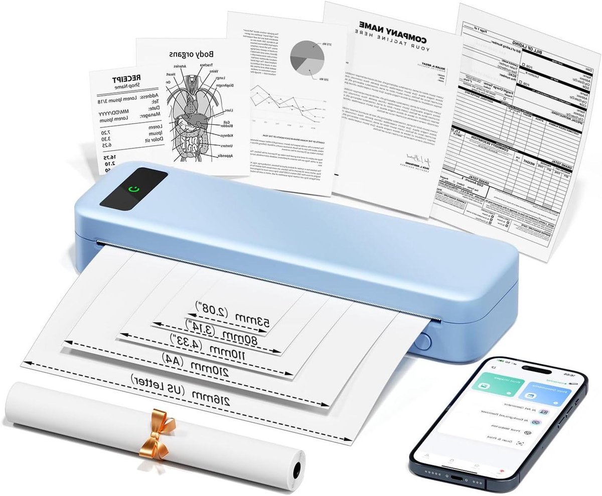Draagbare Thermische Printer - Mobiele Bonprinter - Documenten Printen Onderweg - Inktloze Hoge Resolutie - A4 Formaat - Blauw