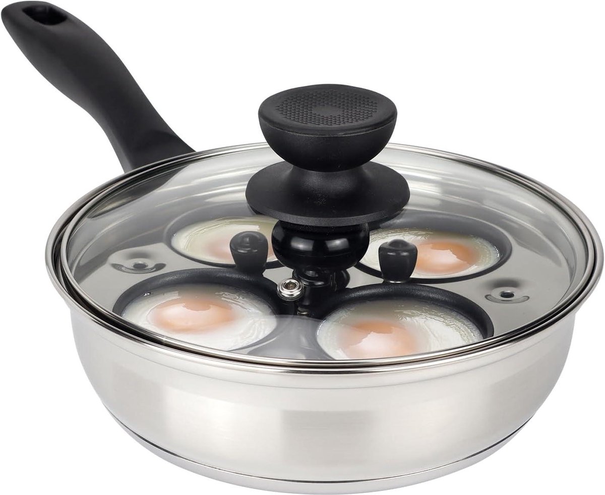 Eierstroper Pan - Gepocheerde Eierpan Eierkoker - Ontbijt Maken - Roestvrij Staal - 4 Kopjes 75ml - Zilver