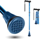 Blauwe, verstelbare wandelstok met ergonomische handgreep, polsband en antislipvoet. Ook opgevouwen getoond.