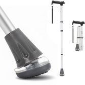 Zilverkleurige wandelstok, verstelbaar, opvouwbaar, met antislip handgreep en schokabsorberende voet.