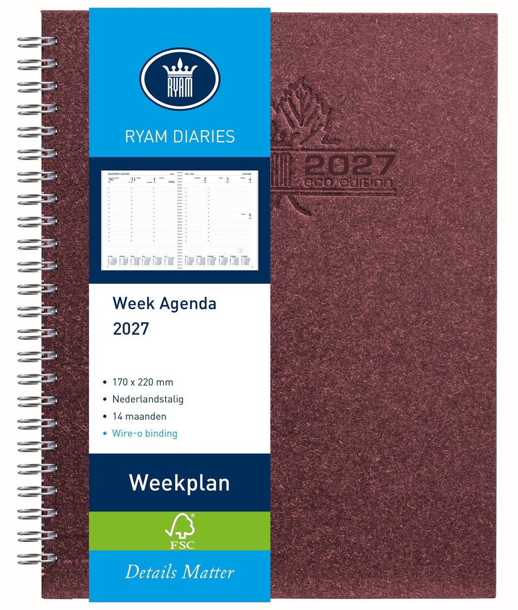 Ryam | Bureau agenda | Weekplan Wire-O Wit NL Eco | 2027 | Spiraal | 170 mm x 220 | 14 mnd | Rood |