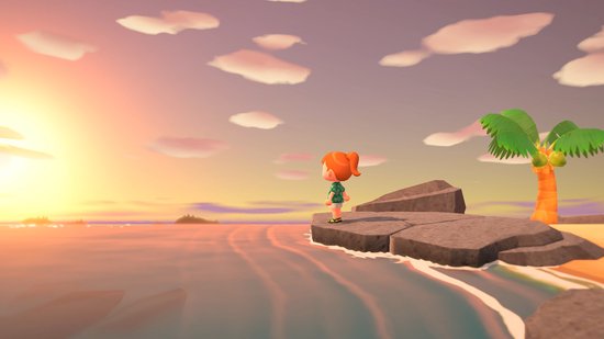 Cartoonpersonage staat op rotsen bij zonsondergang aan zee.