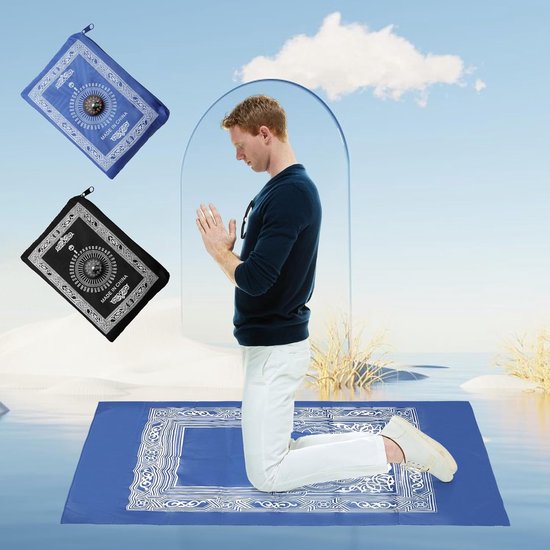 Bidmat Set - Reisgebedskleed Kompas - Gebed Buiten Huis - Ingebouwd Kompas Winddicht - 100 x 60 cm - Zwart Blauw — afbeelding 3