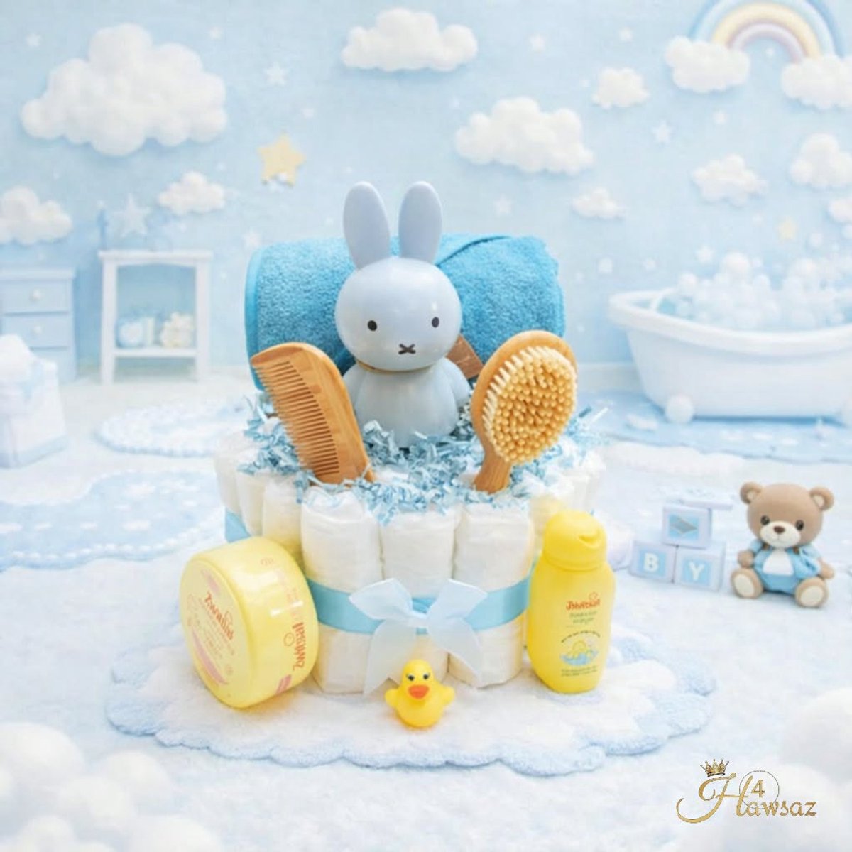 Kraamcadeau voor Jongen 32 stuks - Hawsaz.nl Cadeau - Genderneutraal kraamcadeau - Originele Babycadeau's - 25 luiers newborn - Luiertaart - Babycadeau - Babygeschenkset - Babyshower - Gepersonaliseerde cadeaus - Nijntje - Zwitsal - Babyverzorging