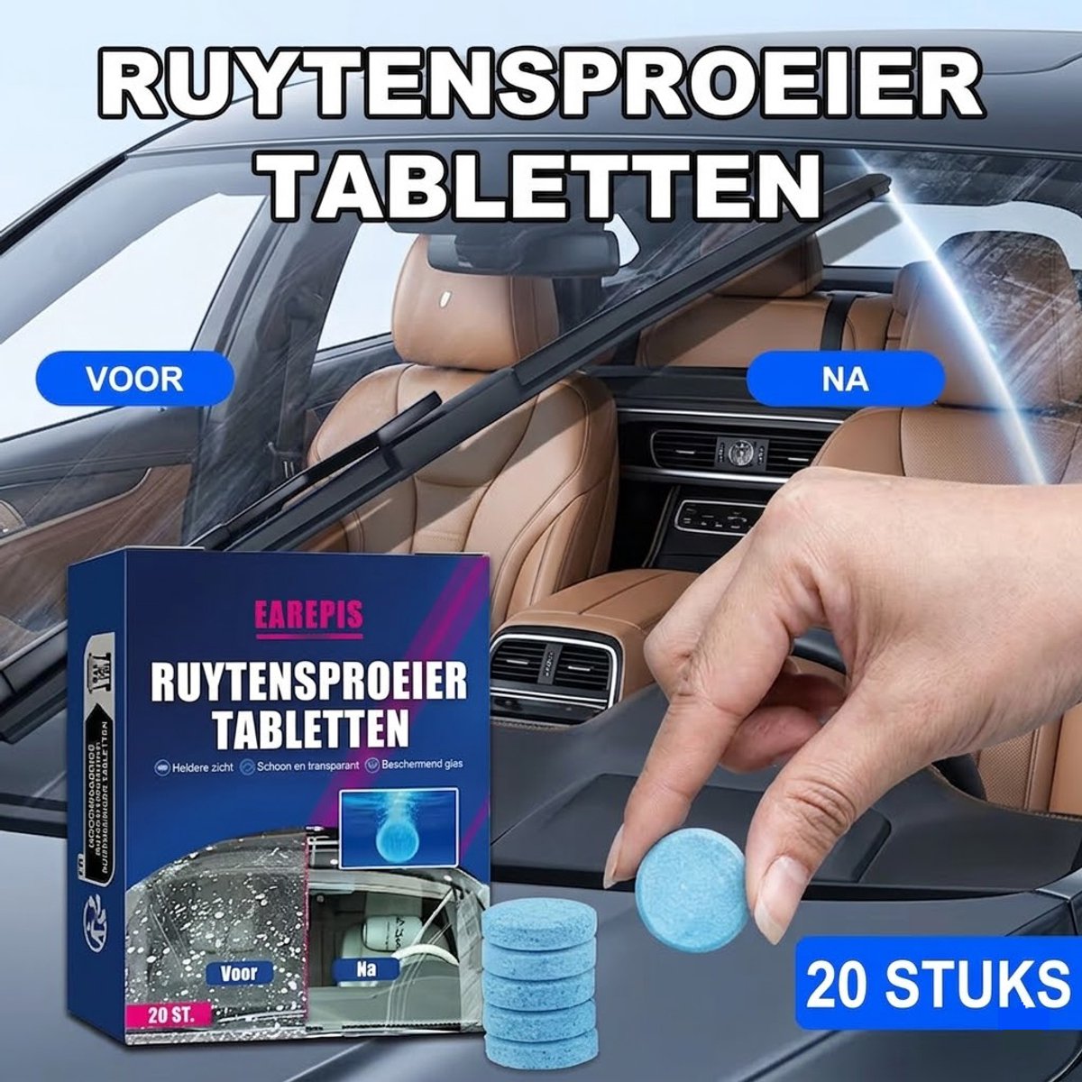 Ruitensproeier Tabletten – 20 Stuks Geconcentreerde Ruitenwisservloeistof – Anti-Regen & Anti-Aanslag – Streepvrije Autoruit Reiniger – Snelle Oplossing voor Helder Zicht