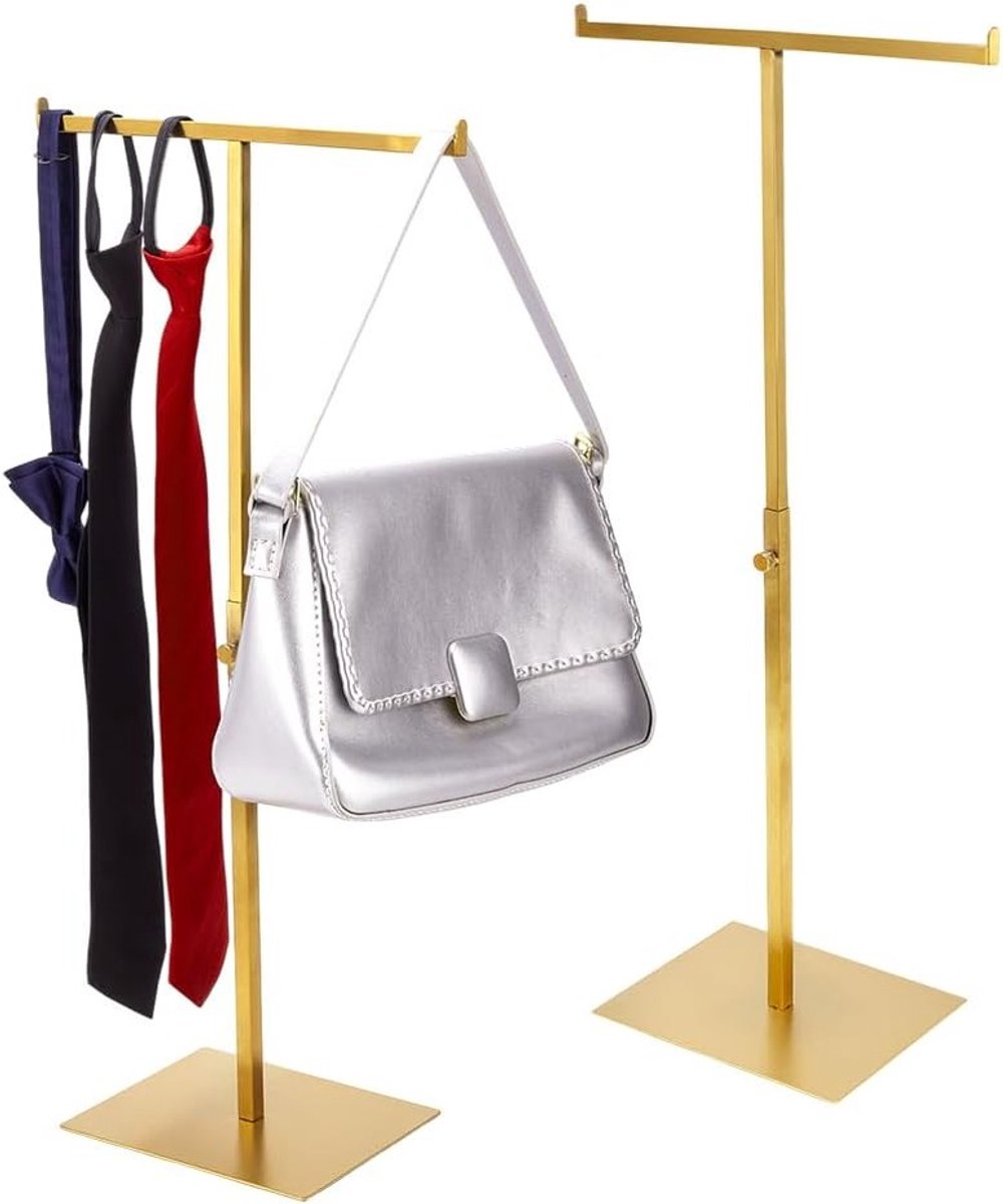 2-Delige T-Bar Kettinghouder, verstelbaar 35,5–63,5 cm hoogte, goudkleurige RVS sieradenstandaard met dubbele haak voor kettingen, armbanden en tassen op tafel