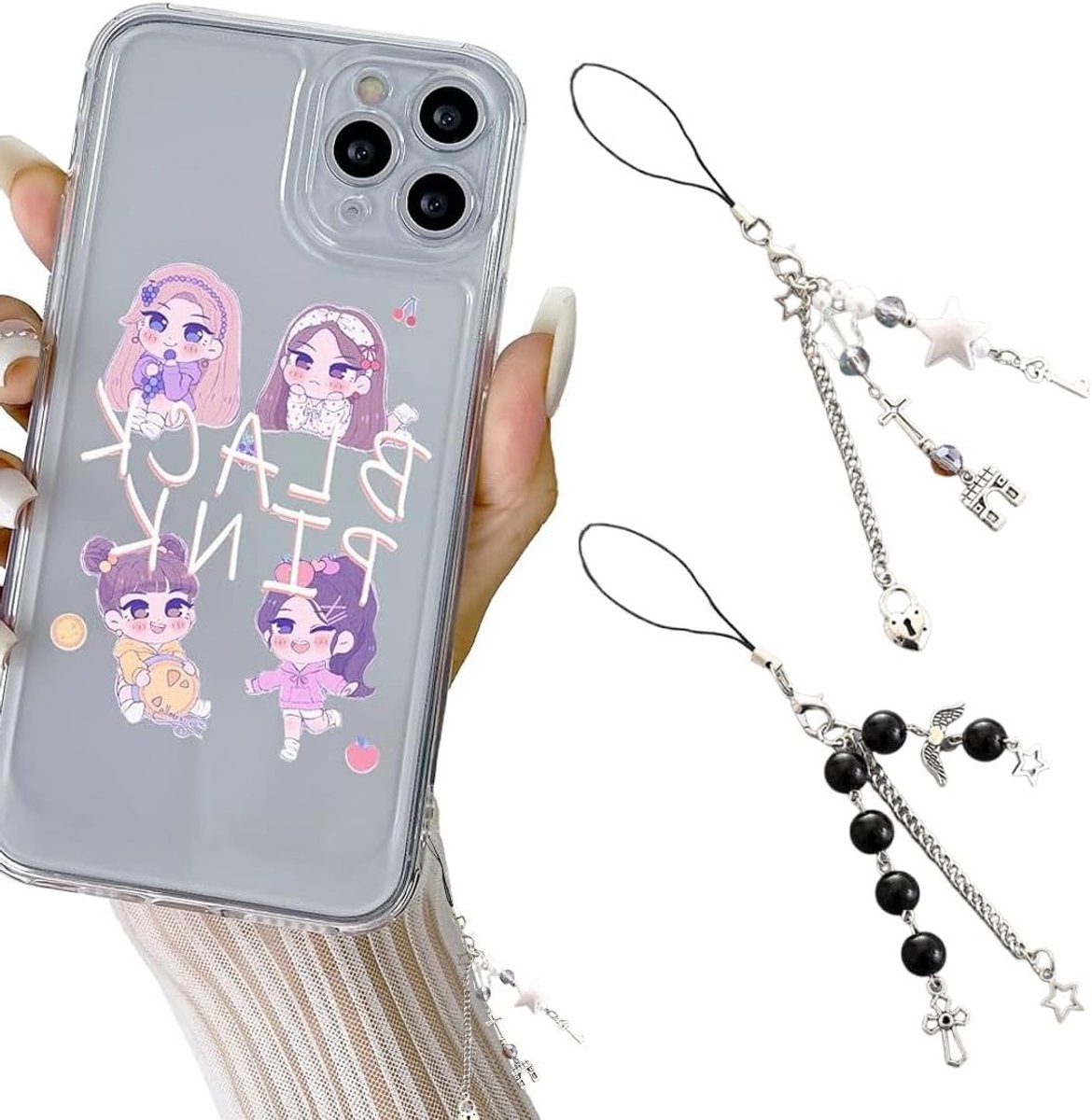 2 Stuks Telefoon Hanger met Ster en Hart Sleutelhanger - Lanyard Accessoires voor Mobiele Telefoons (Zwart, Wit)