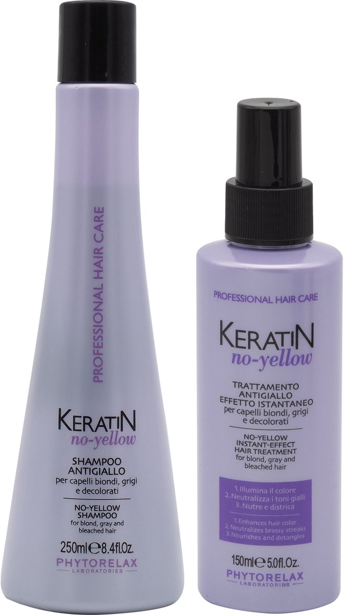 Phytorelax Keratin No Yellow Haarverzorgingsset – Zilvershampoo & Haarspray – voor Blond, Grijs of Gebleekt Haar – 250+150ml
