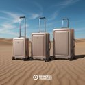 Drie beige Princess Traveller Elements koffers in een woestijnlandschap.