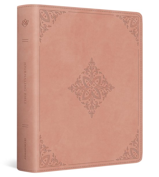 ESV Journaling Bijbel in roze leer met decoratieve randmotieven en "Journaling Bible" op de rug.