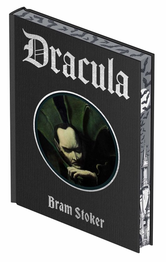 Donkergrijze 'Dracula' cover met een medaillon van Dracula, geschreven door Bram Stoker.
