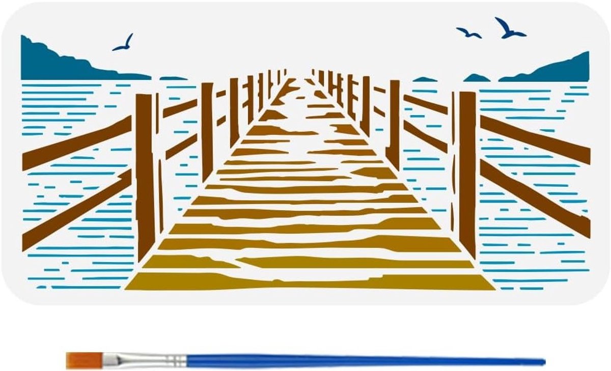 Ocean Marina Sjabloon met Kwast 15 x 30 cm - Herbruikbaar Stencil voor Brug, Dock en Wanddecoratie met Bergen en Vogels