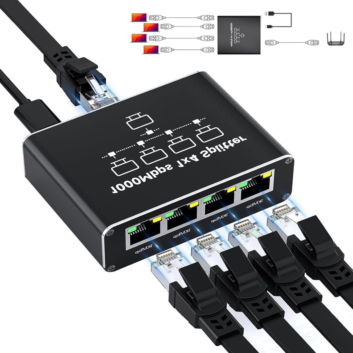 Ethernet Splitter - LAN Splitter RJ45 - Netwerkpoorten Uitbreiden - 1000Mbps Gigabit Snelheid - 1 naar 4 Poorten - Zwart