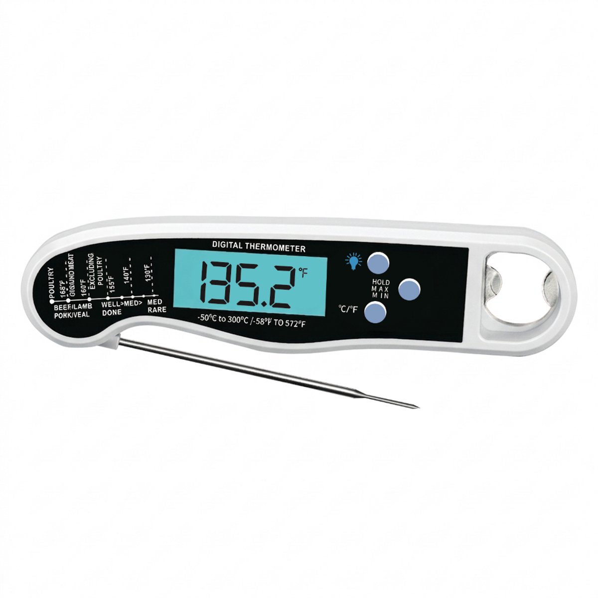 BBQBuddies BBQ Thermometer - Vlees Thermometer - Keuken Thermometer - Inclusief Ophangmagneet & Bieropener - Wit