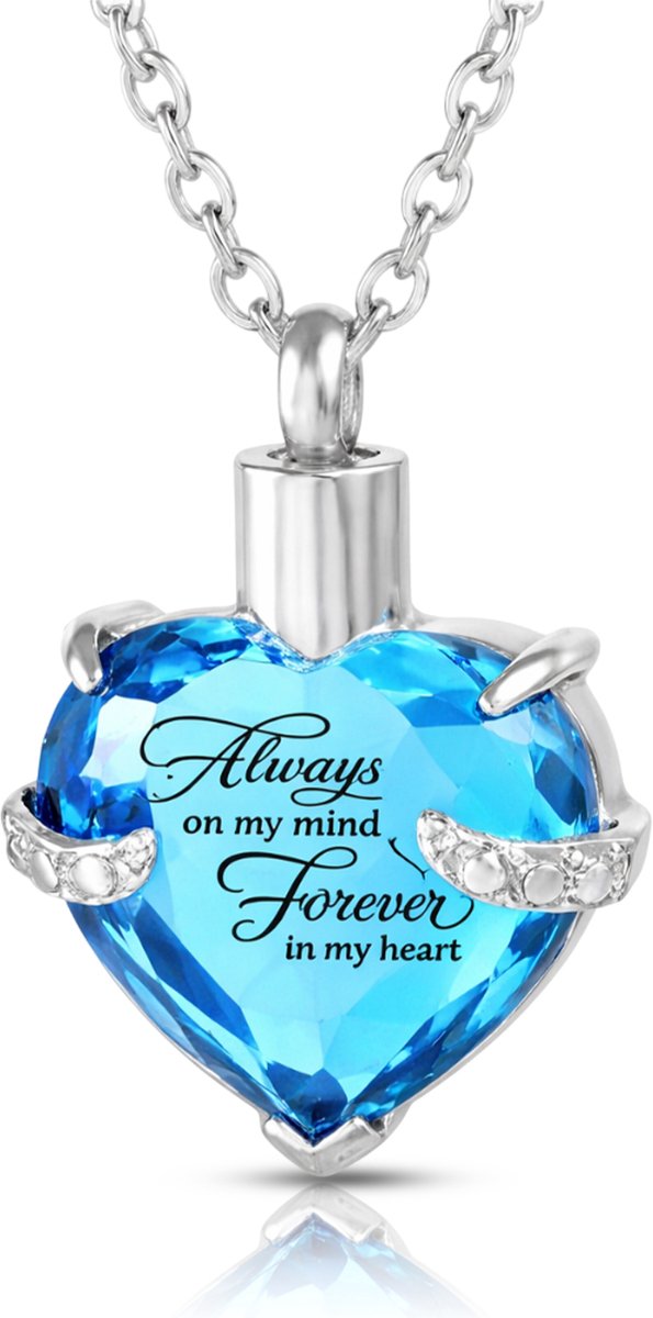 Akerz Mini urn ketting hart licht blauw – As hanger – Herinneringssieraad – Always in my heart – RVS