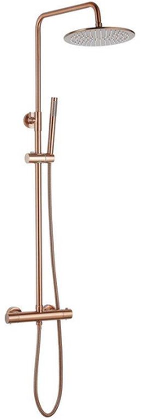 Fortifura Calvi Regendoucheset - thermostatisch - 30cm hoofddouche - metalen slang - staaf handdouche - Geborsteld koper PVD (Koper)