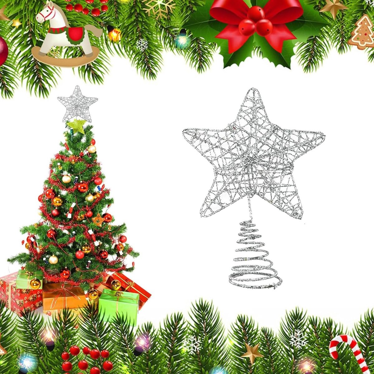 Decoratieve Ster voor de Top van de Kerstboom, 20 x 25 cm, Zilver, Feestelijke Versiering, Kerstdecoratie, Kerstboomaccessoires